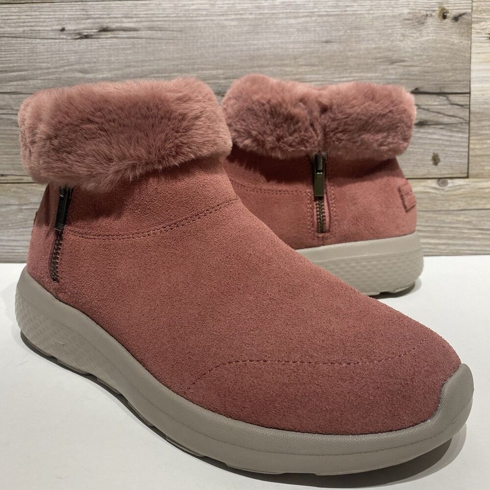 Skechers Suede Booties Ankle Boots Rose Pink Faux Fur Lined Women's 8 Zip-Up